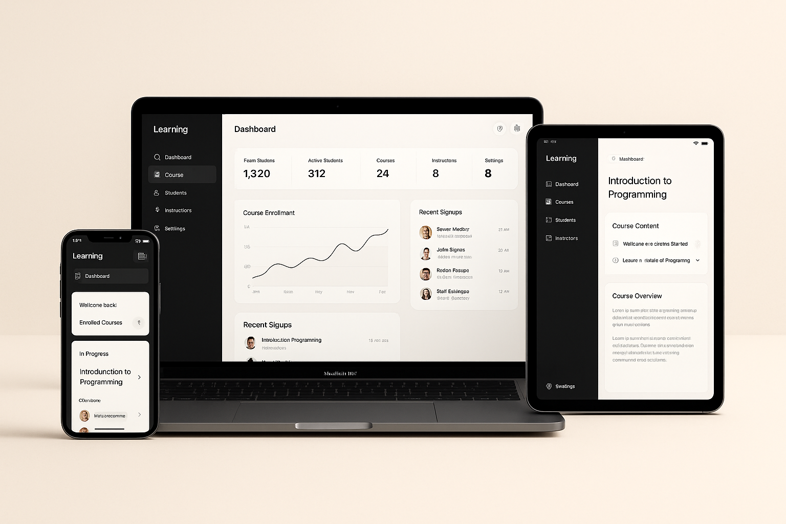 ZensLearn LMS running on a laptop, tablet and phone